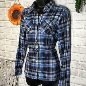 L.L. Bean Blue Plaid Flannel Button Down Shirt Top Loose Fit Size XS Vintage
